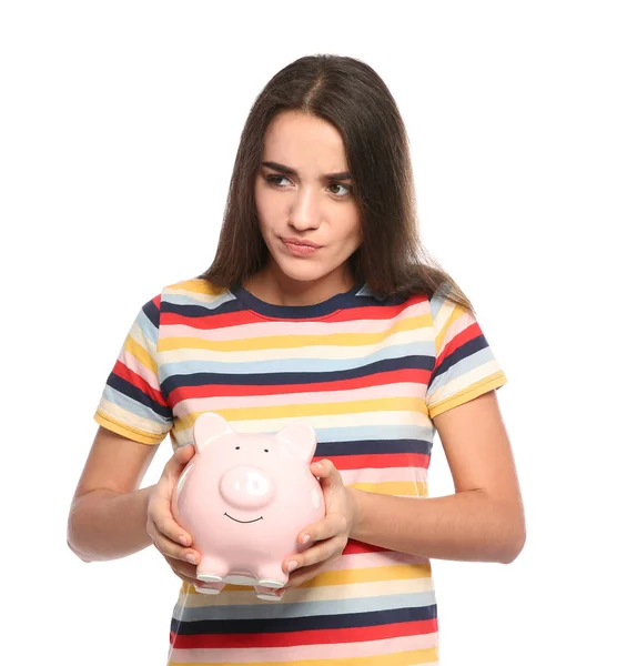 Πορτρέτο Της Νεαρής Γυναίκας Τράπεζα Piggy Λευκό Φόντο — Φωτογραφία Αρχείου