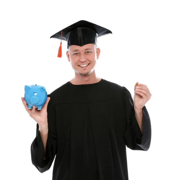 Portrait Young Graduate Piggy Bank Coin White Background — Stock Photo, Image