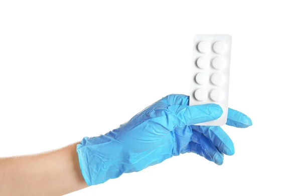 Doctor Medical Glove Holding Pills White Background — Stock Photo, Image