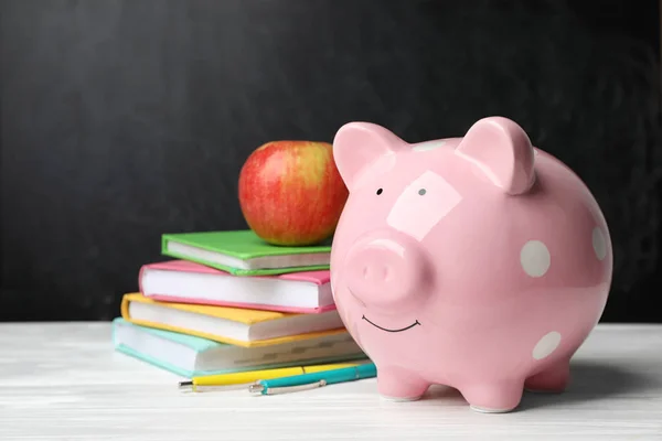 Piggy Bank Stack Books Apple Table — Stock Photo, Image