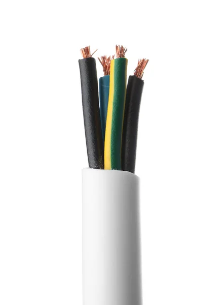 Renk Kabloları Beyaz Arka Plan Üzerinde Ceketli Elektrik Teknisyen Temini — Stok fotoğraf