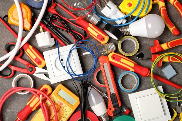 Set Electrician Tools Gray Table Top View — Stock Photo, Image