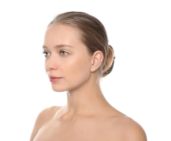 Porträt Einer Schönen Jungen Frau Auf Weißem Hintergrund Lippenkonturierung Hautpflege — Stockfoto