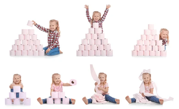 Set Mit Niedlichem Kleinen Mädchen Und Toilettenpapier Auf Weißem Hintergrund — Stockfoto