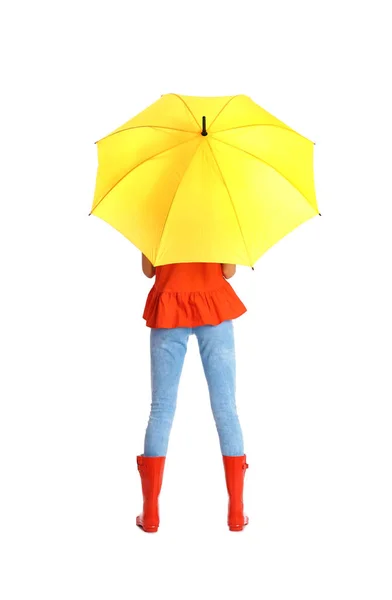 Woman Yellow Umbrella White Background — Stock Photo, Image