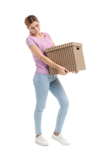 Retrato Completo Mujer Que Lleva Caja Cartón Sobre Fondo Blanco — Foto de Stock