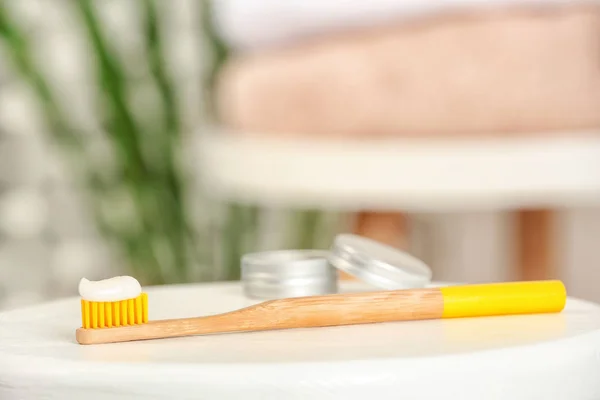 Bamboo Toothbrush Paste Table Blurred Background — Stock Photo, Image
