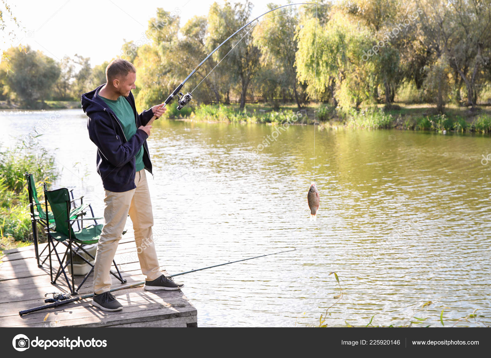 Man Rod Fishing Wooden Pier Riverside Recreational Activity Stock Photo by  ©NewAfrica 225920146