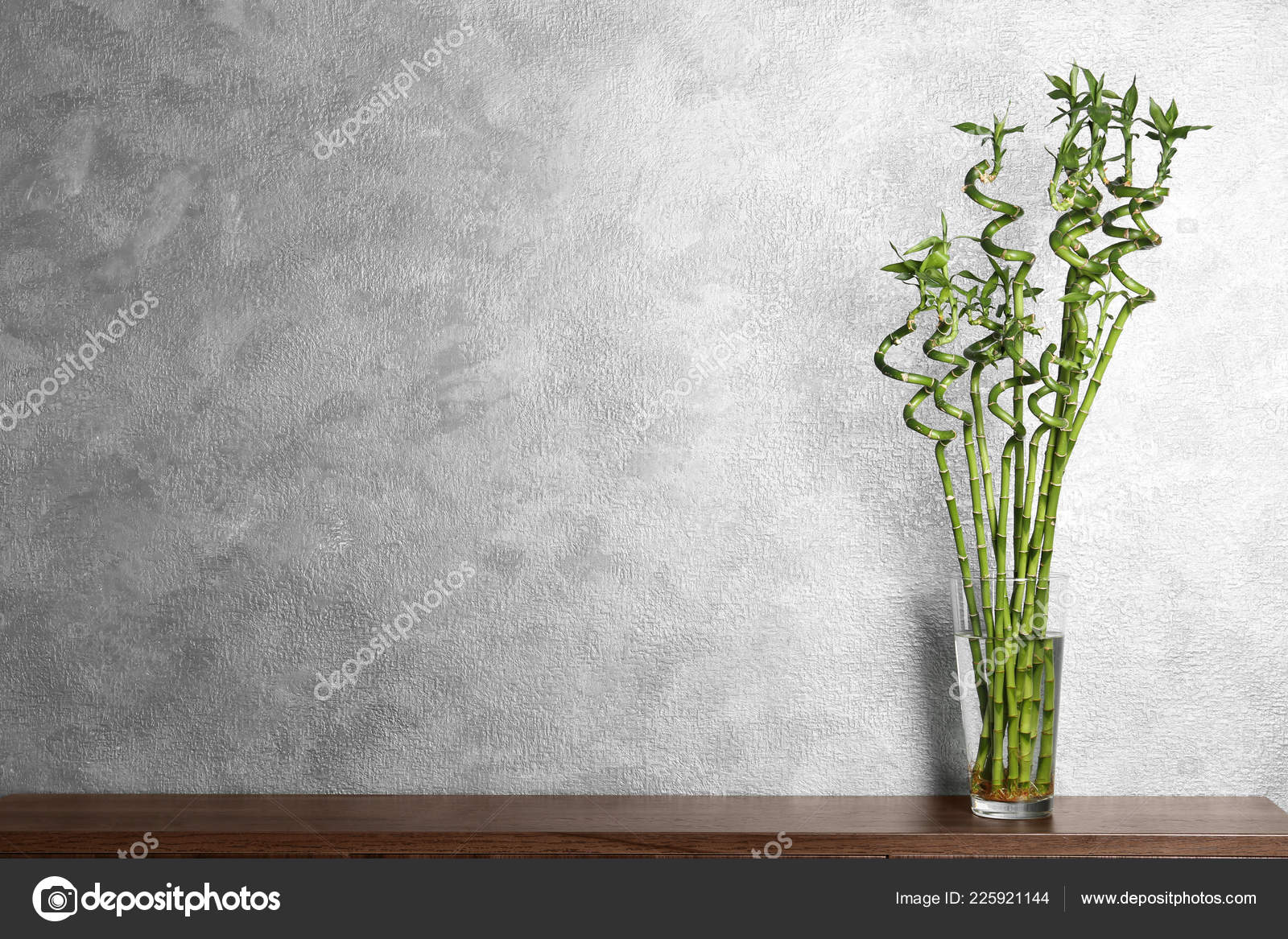 Table Bamboo Plant Glass Vase Color Wall Space Text Stock Photo