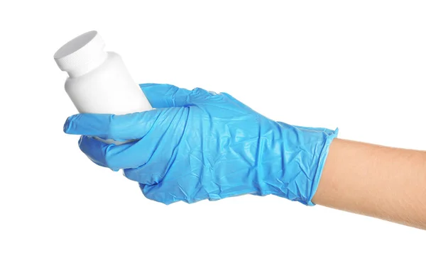 Doctor Medical Glove Holding Bottle Pills White Background — Stock Photo, Image