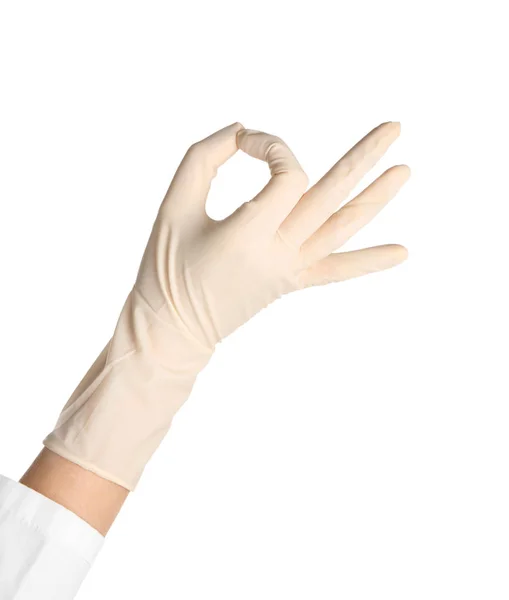 Doktor Medicinsk Handske Visar Gest Vit Bakgrund — Stockfoto