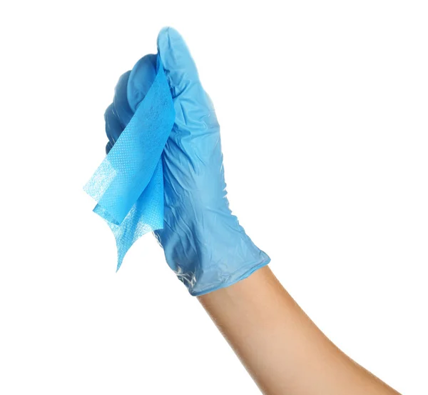 Doctor Medische Handschoen Doek Houden Witte Achtergrond — Stockfoto
