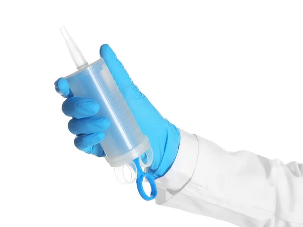 Arzt Medizinhandschuh Mit Großer Leerer Spritze Auf Weißem Hintergrund — Stockfoto