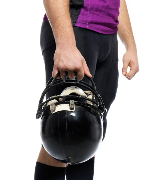 American Football Spieler Mit Helm Uniform Auf Weißem Hintergrund Nahaufnahme — Stockfoto