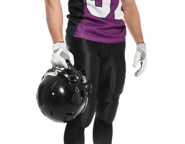 American Football Speler Met Helm Dragen Van Uniform Witte Achtergrond — Stockfoto