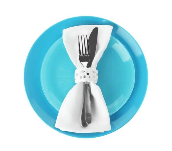 Plates Cutlery Napkin White Background Top View Festive Dinner Setting — Stock Photo, Image