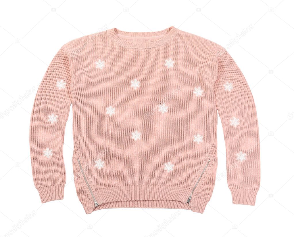 Cozy warm sweater on white background, top view