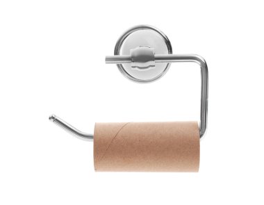 Holder with empty toilet paper roll on white background clipart
