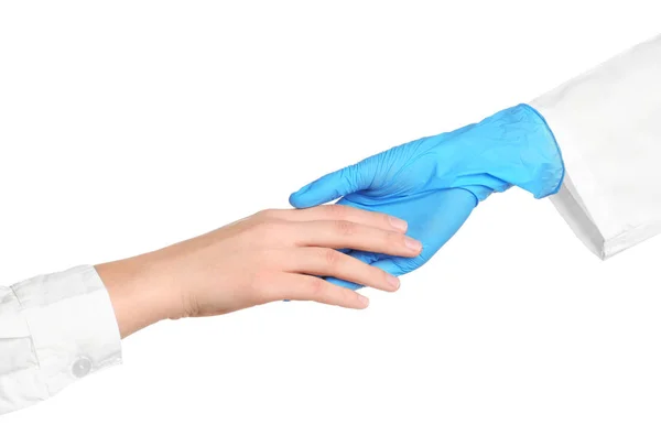 Doctor Medical Glove Holding Hands Patient White Background — Stock Photo, Image