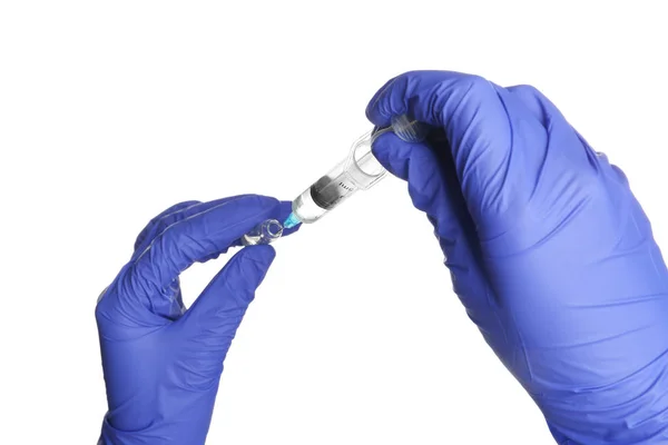 Arzt Medizinischen Handschuhen Mit Spritze Und Ampulle Auf Weißem Hintergrund — Stockfoto