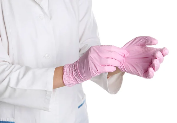 Доктор Снимает Медицинские Перчатки Белом Фоне — стоковое фото