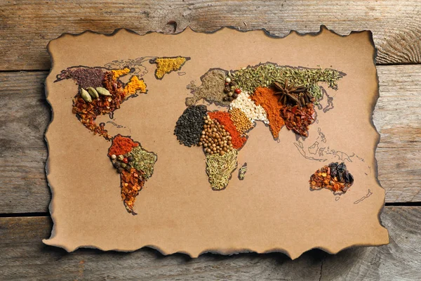 Carta Con Mappa Del Mondo Fatta Diverse Spezie Aromatiche Sfondo — Foto Stock