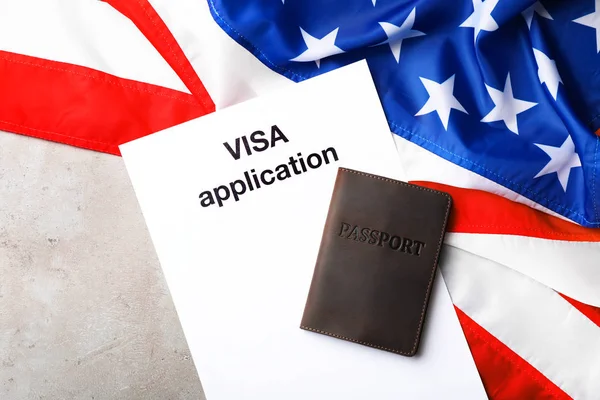 Flat Lay Composition Flag Usa Passport Visa Application Gray Background — Stock Photo, Image
