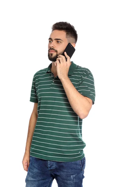 Portret Van Knappe Jonge Man Met Mobiele Telefoon Witte Achtergrond — Stockfoto