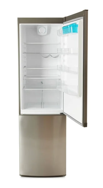 Современный Холодильник Открытой Дверью Белом Фоне — стоковое фото