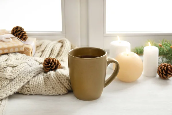 Composition Cup Hot Winter Drink Window Cozy Season — Stock Photo, Image