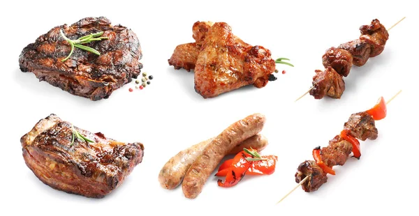 Set Con Deliziosa Carne Sfondo Bianco Ricette Barbecue — Foto Stock