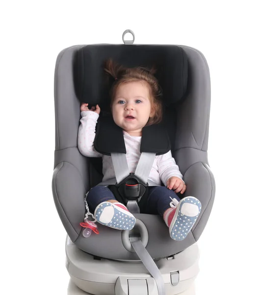 Adorable Baby Girl Child Car Safety Seat White Background — Stock Photo, Image