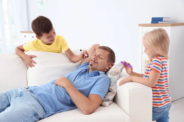 Little Children Painting Father Face While Sleeping Couch Home April — Stock Photo, Image