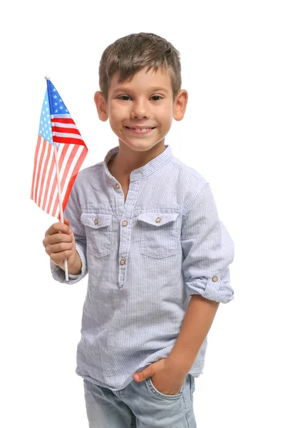 Portret Van Schattige Kleine Jongen Met Amerikaanse Vlag Witte Achtergrond — Stockfoto