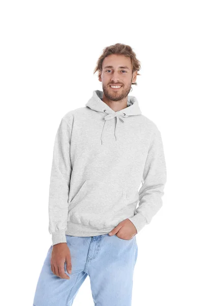 Πορτραίτο Του Ανθρώπου Hoodie Πουλόβερ Άσπρο Φόντο Χώρος Για Σχεδίαση — Φωτογραφία Αρχείου