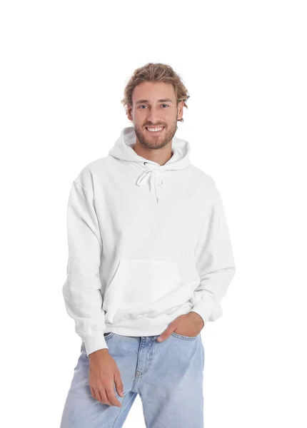 Portret Van Man Hoodie Trui Witte Achtergrond Ruimte Voor Design — Stockfoto