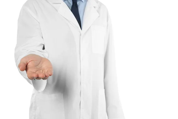 Male Doctor Offering Helping Hand White Background Closeup — Stock Photo, Image