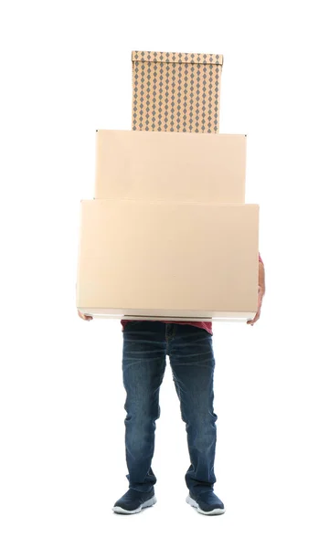 Karton Kutularda Beyaz Arka Plan Üzerinde Taşıyan Olgun Adam Duruş — Stok fotoğraf