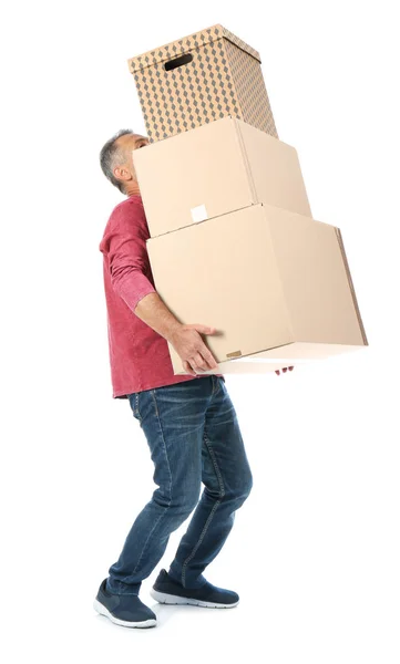 Mature Man Carrying Carton Boxes White Background Posture Concept — Stock Photo, Image