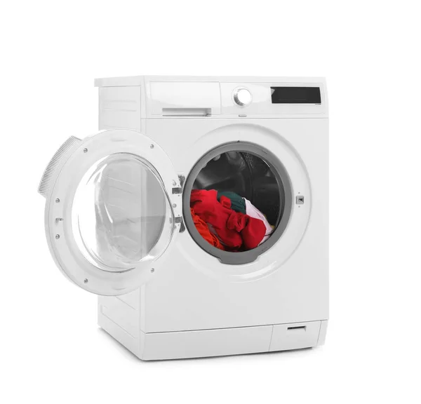 Máquina Lavar Roupa Moderna Com Lavanderia Fundo Branco — Fotografia de Stock