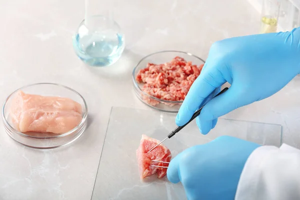 Cientista Inspeccionar Amostras Carne Mesa Perto Controlo Qualidade Dos Alimentos — Fotografia de Stock