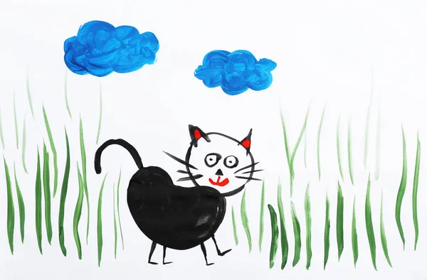 Peinture Colorée Pour Enfants Chat Noir Sur Fond Blanc — Photo