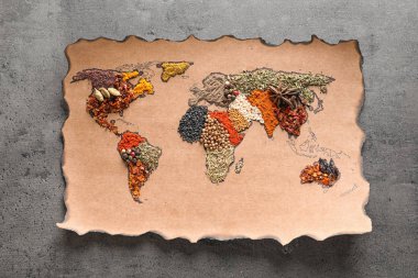 Kağıt ile farklı aromatik baharat gri arka plan, üstten görünüm üzerinde yapılan Dünya Haritası