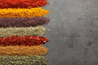 Gri arka plan üzerinde farklı aromatik baharat, metin için yer ile üst görünümden satırları