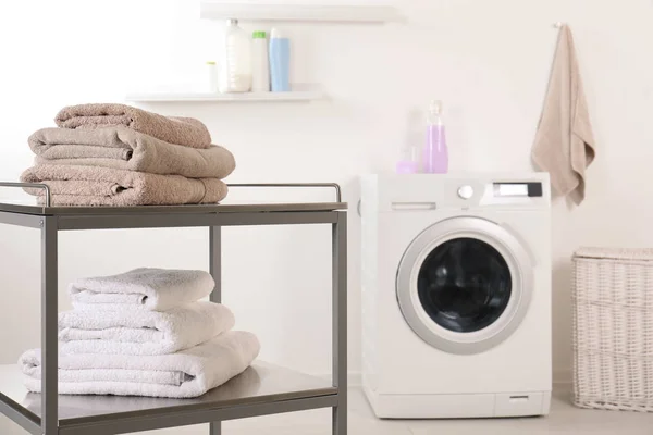 Stacked Clean Soft Towels Table Laundry Room Space Text — Stock Photo, Image