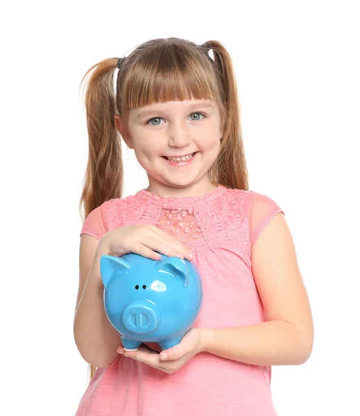 Retrato Niña Con Alcancía Sobre Fondo Blanco — Foto de Stock