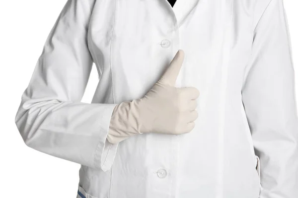 Doctor Medical Glove Showing Thumb Gesture White Background — Stock Photo, Image