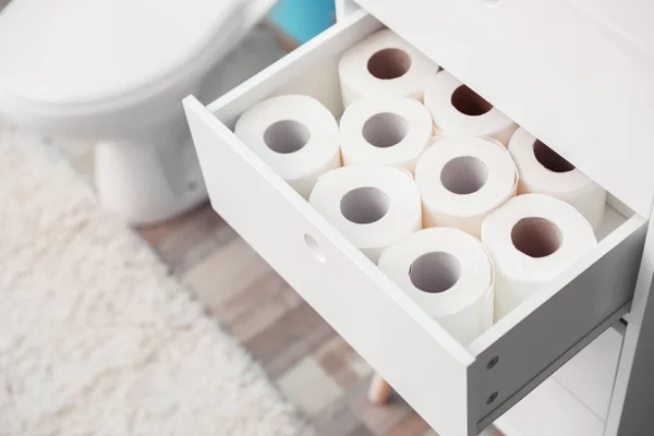 Open Cabinet Drawer Toilet Paper Rolls Bathroom — Stock Photo, Image