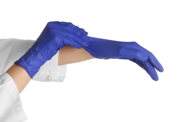 Doctor Wearing Medical Gloves White Background — Stock Photo, Image