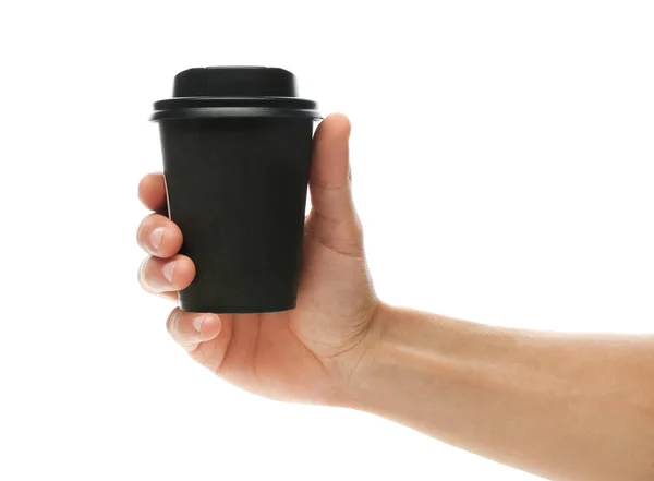 Mann Hält Kaffeetasse Aus Papier Zum Mitnehmen Auf Weißem Hintergrund — Stockfoto